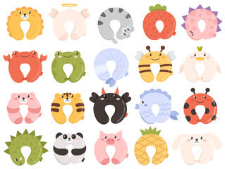 Comfortable orthopedic travel pillows set with cute funny childish design vector illustration