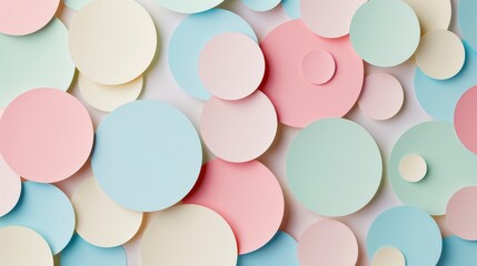 Geometric pattern background made from overlapping paper circles in various sizes and soft pastel colors