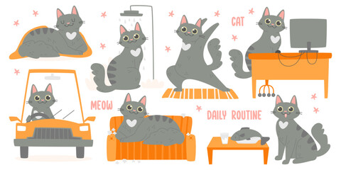 Lovely cat cartoon character daily routine, everyday schedule of work and rest vector illustration