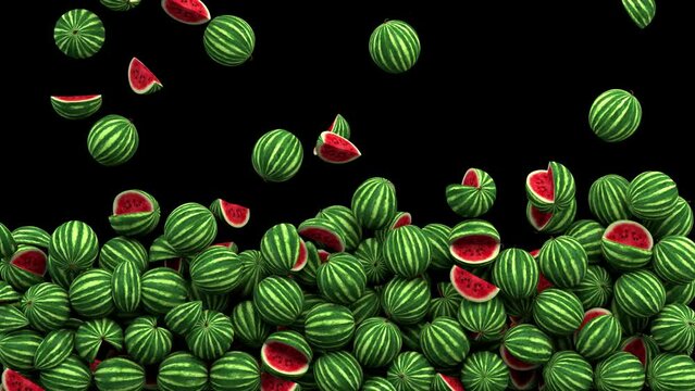 Falling watermelons &ndash; 3d render with alpha channel.