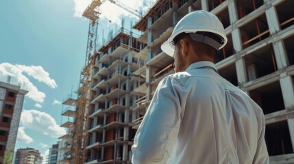 man engineer or architect in white helmet against the background of construction controls the process of building construction