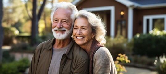 Fototapeta premium Cheerful senior couple holding key outside new home, copy space available for text placement