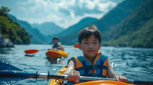Portrait of a happy young Asian boy doing kayaking in river by himself with a big blurry backdrop with a big space for text or product, Generative AI.