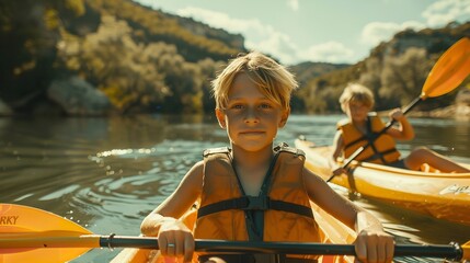 Portrait of a happy young kids doing kayaking in river by themselves with a big blurry backdrop with a big space for text or product, Generative AI. - obrazy, fototapety, plakaty