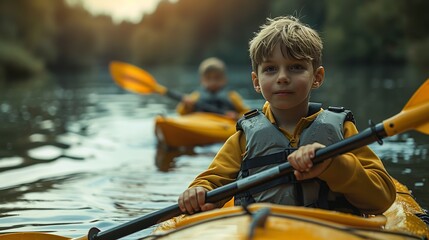 Portrait of a happy young kids doing kayaking in river by themselves with a big blurry backdrop with a big space for text or product, Generative AI. - obrazy, fototapety, plakaty