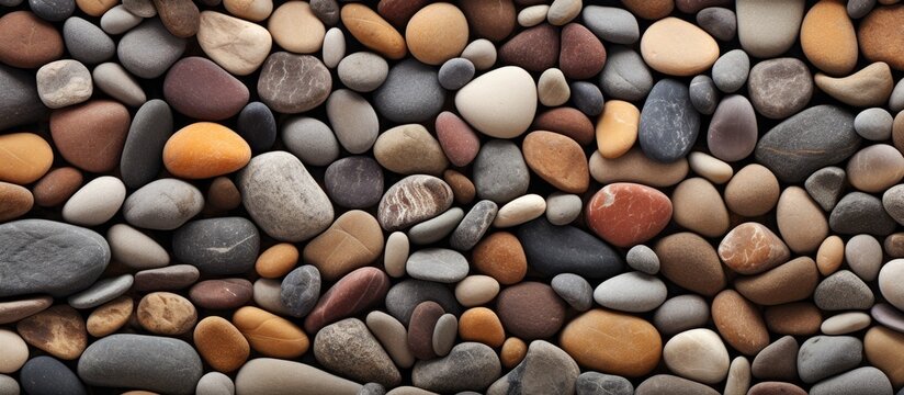 A collection of brown tone pebble stones arranged closely next to each other, creating a clustered formation. The rocks vary in sizes and shapes, forming an interesting pattern on the ground.