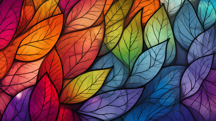 Colorful leaf pattern glass background image.