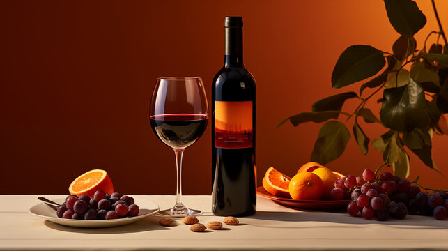 Bouteille de vin et verre de vin. Orange et grappes de raisin, sur fond orange. Gastronomie, oenologie, vin rouge. Espace vide pour conception et création graphique.