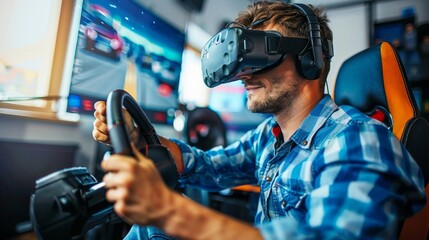 Man in vr glasses takes driving exam in car simulator at driving school using a steering wheel.