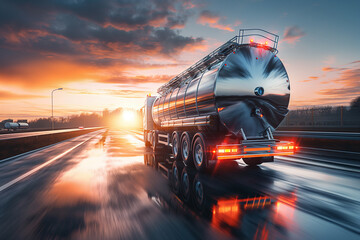 Rear View of Large Metal Fuel Tanker Truck in Motion for Shipping