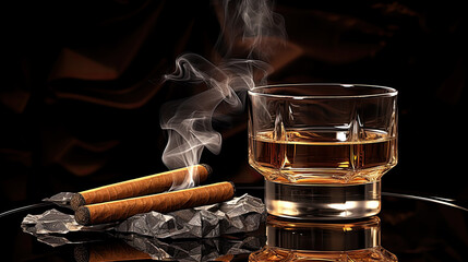 A glass of bourbon and a smoking cigar created with Generative AI technology