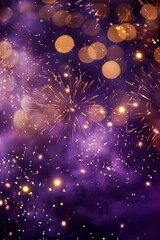 Purple and gold explosions fire works and bokeh backdrop for new year's celebrations, confetti-like dots and dark purple themes. Copy space. Abstract background holiday . AI generative.