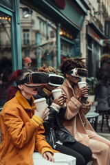 Obraz premium Friends sitting and drinking coffee outside in front of a coffee shop and wearing vr glasses.