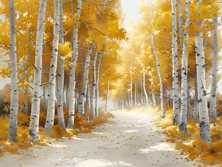 Papier Peint photo Lavable Bouleau A painting of a forest with yellow trees and a path