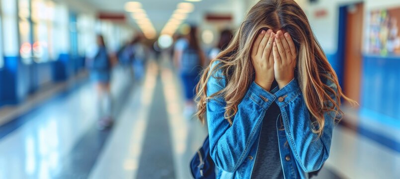 Teenage girl in school corridor, facing learning challenges, blurred background, space for text.