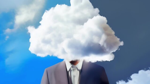 Man with white fluffy flowing cloud instead of head. Dreaming mind surreal abstract brain concept on blue sky background