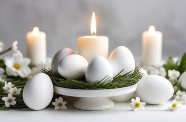 Easter eggs and candes on table. White eggs and white candles