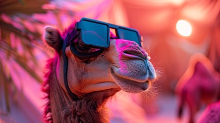 A close up of a camel wearing sunglasses with its head tilted, AI