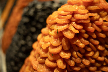 Dried fruits on the counter. Sale of fruits. Healthy food.