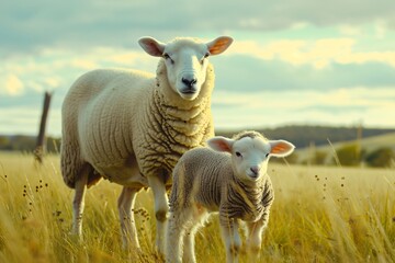 a sheep standing in a field - obrazy, fototapety, plakaty