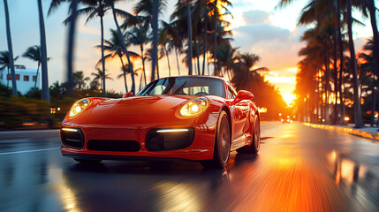 Fototapeta premium luxury red sports car drives fast on road at sunset at resort with palm trees. Motion blur