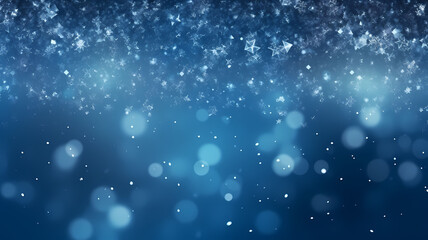 abstract blue background with bokeh lights and falling snowflakes