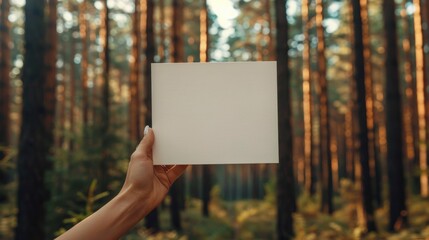 A person holding a blank piece of paper in front of trees, AI
