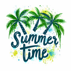 Fototapeta na wymiar Illustration with inscription - Summer time. Lettering on a white background with palms and watercolor spots. is ideal for wallpapers, posters, cards, prints on covers, phone cases, bags