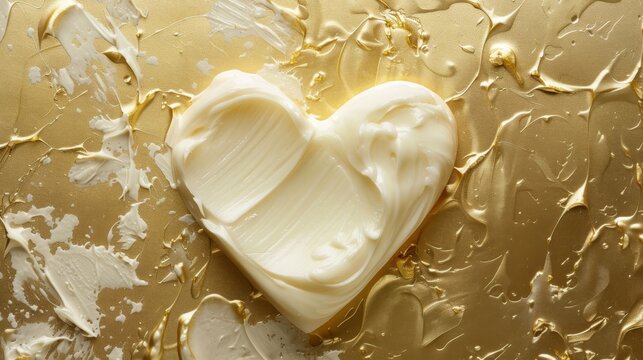 Rich white skincare butter in a heart shape on a luxurious gold background