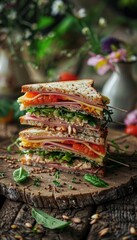 Savory triangle sandwich filled with ham, cheese, tomato, and accompanied by a fresh salad