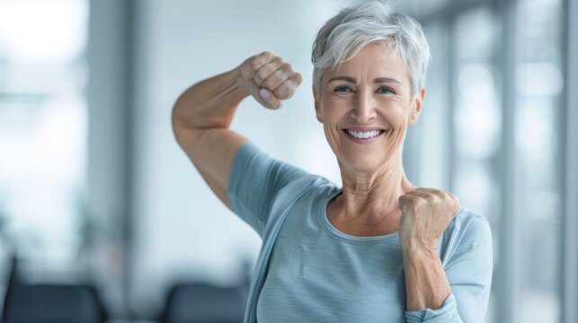 Senior woman flexing biceps on blurred background with text space, exuding strength and vitality.