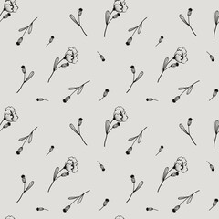 Botanical elegant elements seamless pattern on light gray background, floral wallpaper