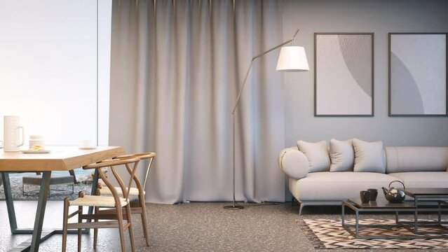 Sofa on concrete floor in modern beach house or hotel. Home interior 3d rendering of bright living room with sea view background.