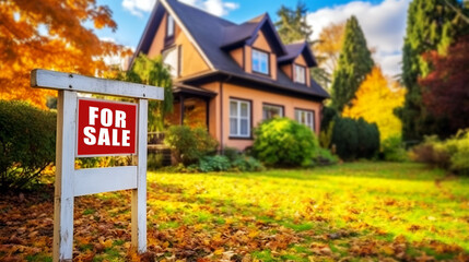 House for Sale Real Estate Sign in Front of Charming Old Country House