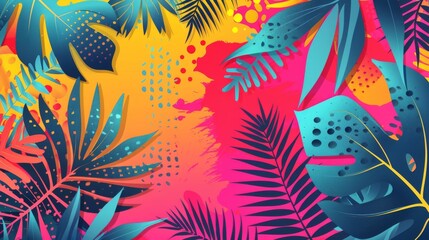 Fototapeta na wymiar Tropical geometric abstract background with exotic leaf patterns and vibrant summer colors