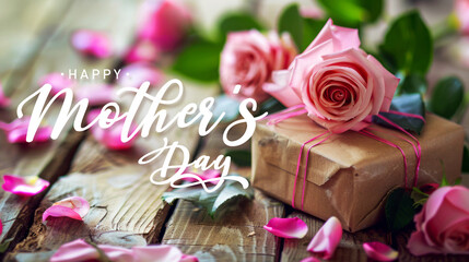Mother's Day Greeting with Pink Roses and Gift Box on Vintage Wooden Surface