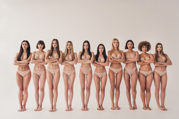 Studio no retouch photo of shiny confident ladies dressed lingerie arms crossed enjoying women...