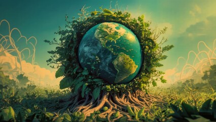 Obraz na płótnie Canvas Green Earth is nestled in a web of roots and vibrant flora, surrounded by a tranquil azure sky and delicate clouds, 3D illustration. Generative AI