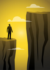 A businessman stands and looks up at an intimidating cliff vector illustration