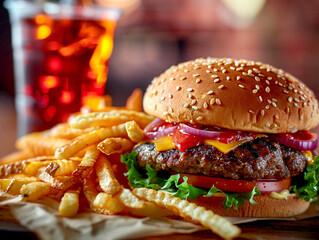 Classic fast food scene juicy cheeseburger with fries and a soft drink