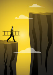 A businessman holding a ladder looks up towards higher level vector illustration