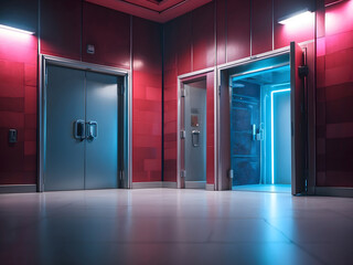 Cybersecurity sci-fi technology background with a perspective view of an empty room and door with a padlock.