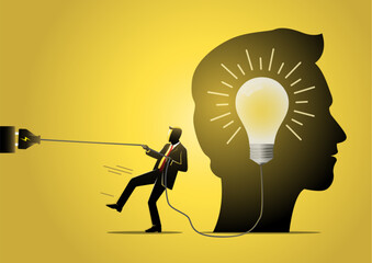 A businessman trying to unplug the light bulb brain Business concept