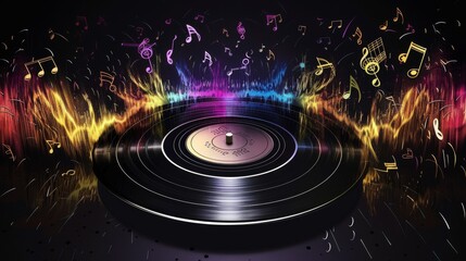 Vintage vinyl record concept with musical notes and sound waves on a black background and rainbow effects