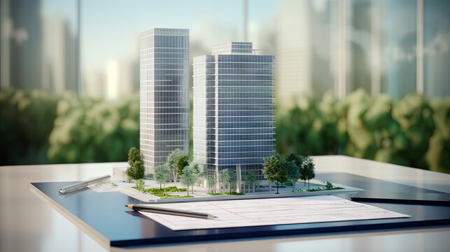 High-end luxury apartment building construction concept with a park, displayed on a tabletop layout