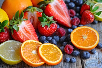 Fresh ​​oranges, lemons, strawberries, raspberries and blueberries on a wooden table.