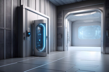 Fototapeta premium Cybersecurity sci-fi technology background with a perspective view of an empty room and door with a padlock.