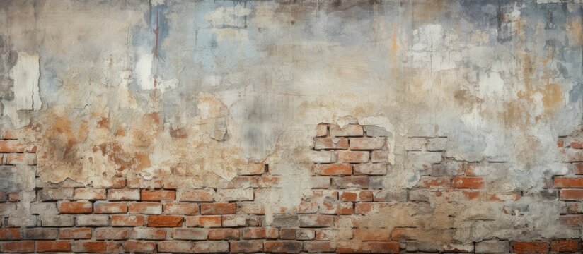 An old brick wall covered in layers of peeling paint and plaster, showing signs of wear and aging over time. The weathered surface reveals a history of neglect and decay, adding character to the