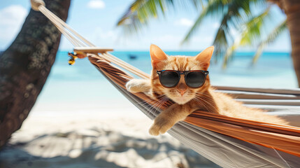 
Depiction of an island vacation concept: a charming orange cat, sporting sunglasses, enjoying relaxation in a hammock on the beach