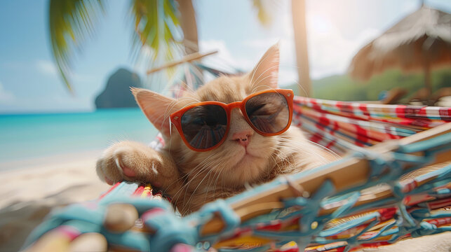 Island vacation concept image: adorable orange cat enjoying relaxing in a hammock on the beach